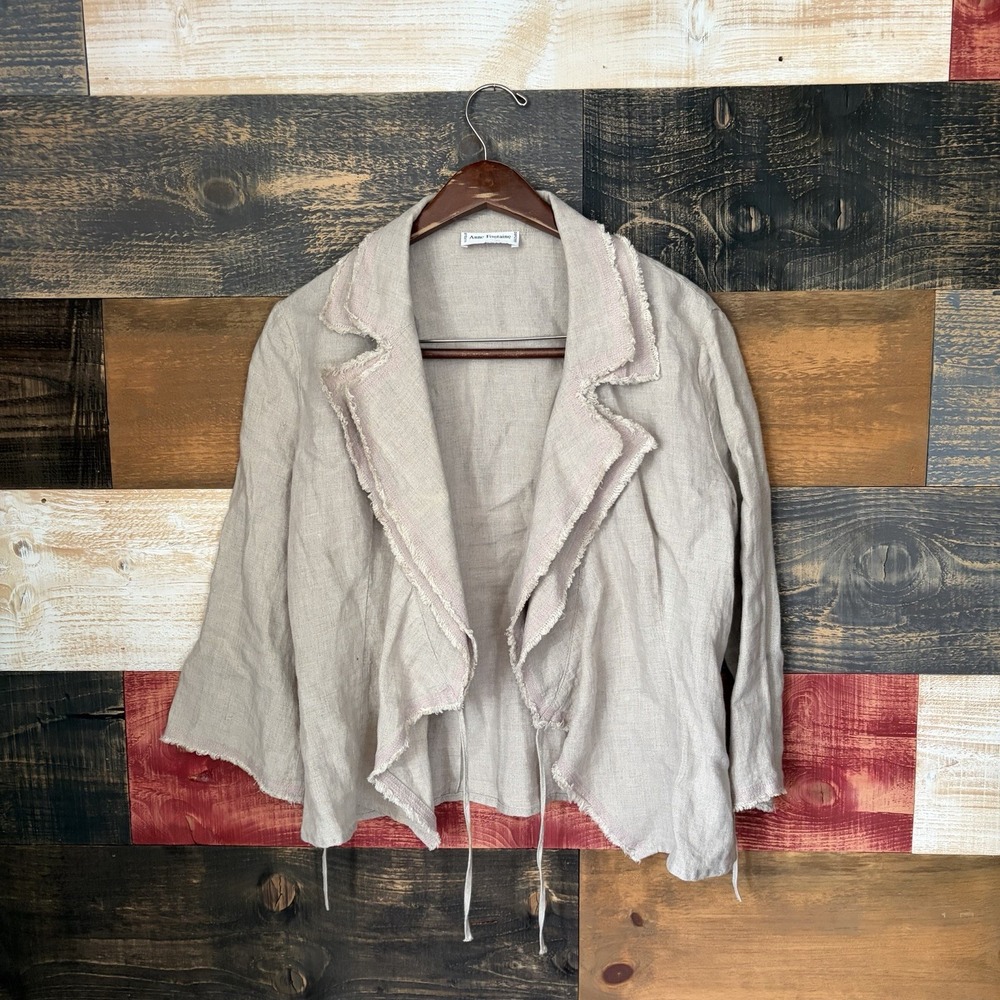 Anne Fontaine Blouse Linen Jacket Ruffle Tie Raw Edge Beige Size 44